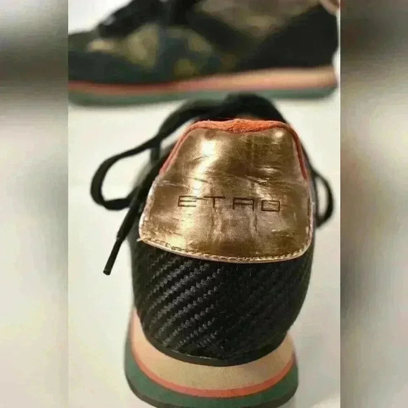 ETRO Green  Gold Cheetah Metallic Suede Nylon Sneakers Leopard Print 8US Italy - Picture 9 of 10